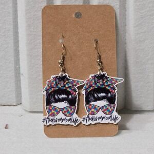 Autism Mom Life Messy Bun Earrings Support Awareness Colorful Puzzle Gift